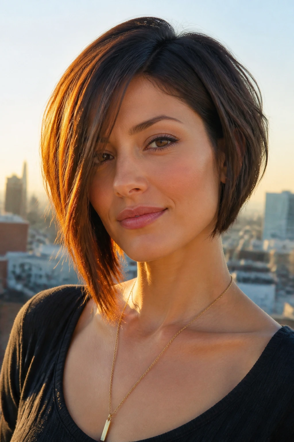 Close-up portrait of a real woman with an asymmetrical layered bob on a rooftop at golden hour.