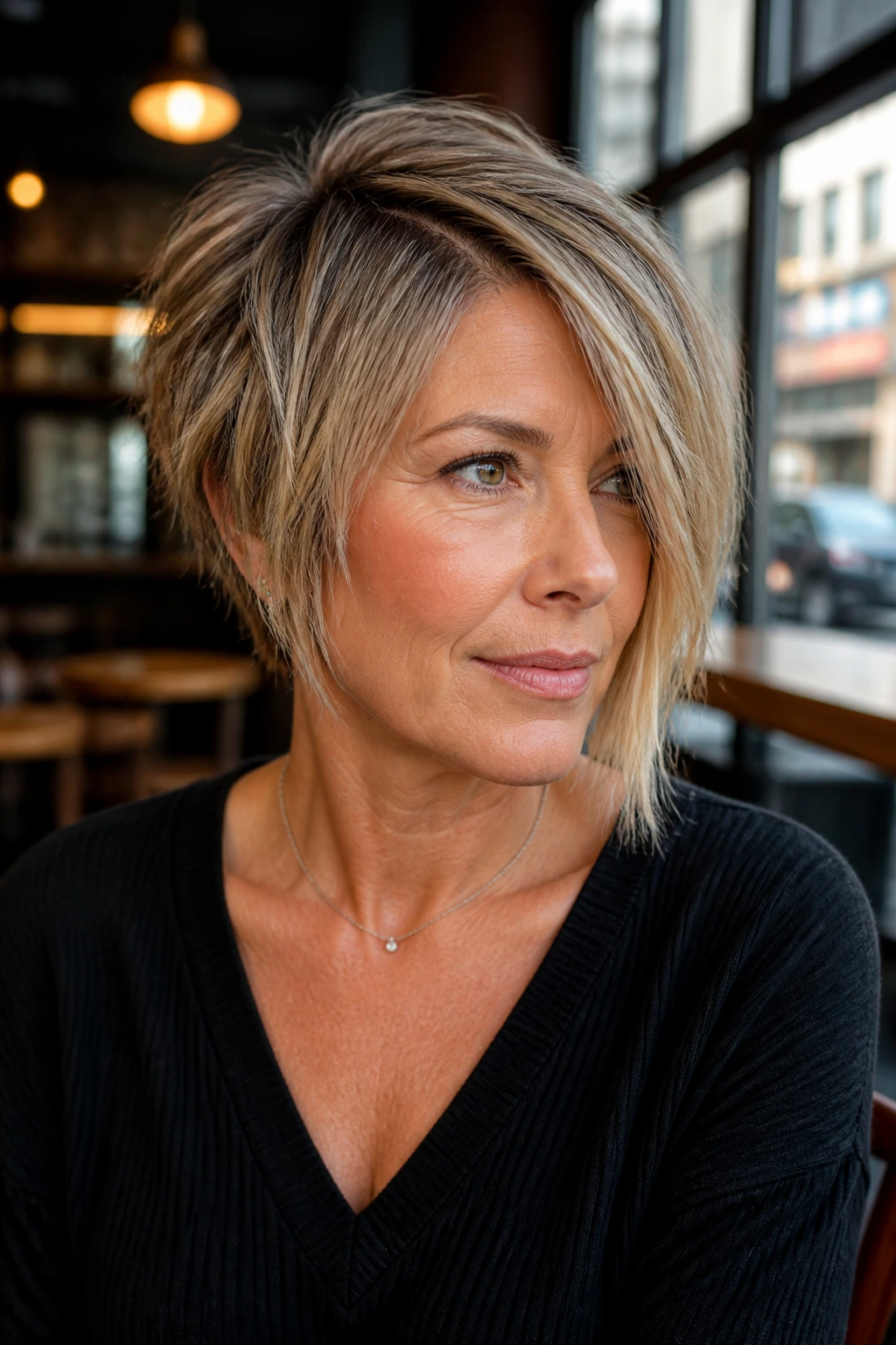 Close-up portrait of a real woman with an asymmetrical layered cut showing longer and shorter sides.