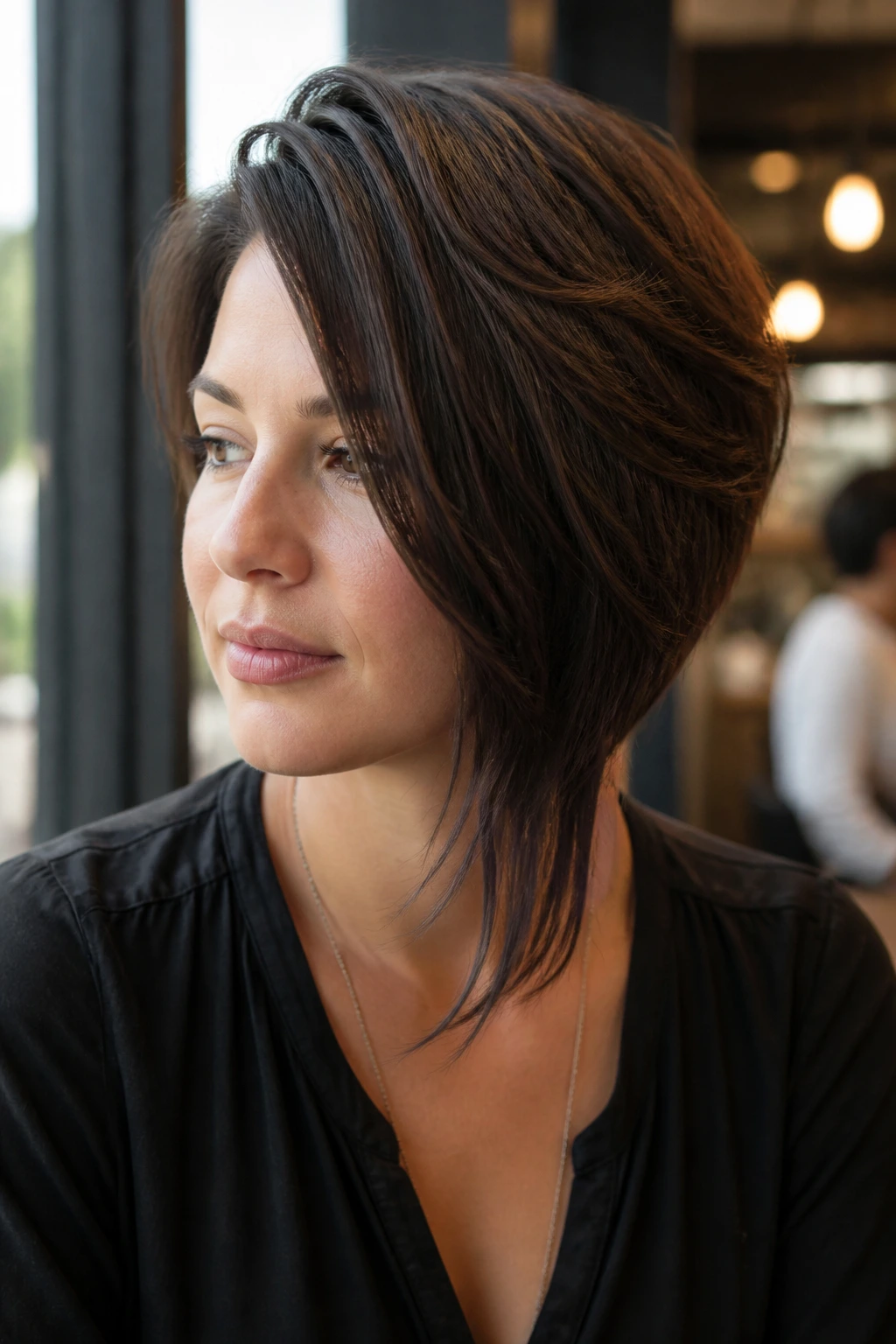 Portrait of a real person with an asymmetrical layered cut on thick hair