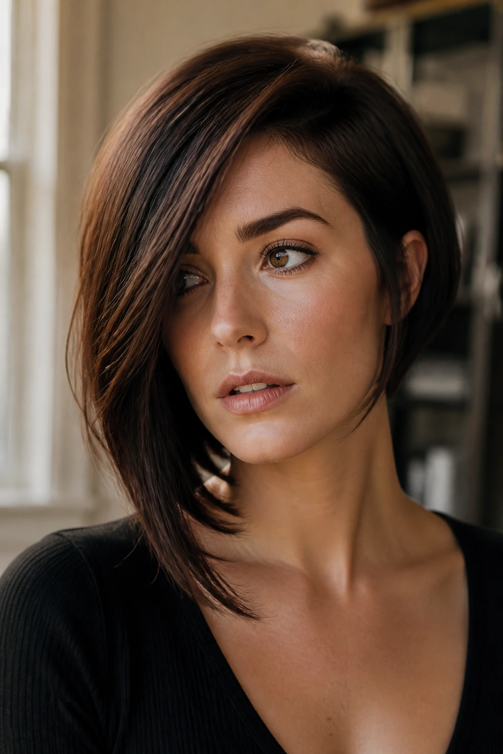 Portrait showing a bold diagonal asymmetrical line in hair on a real person