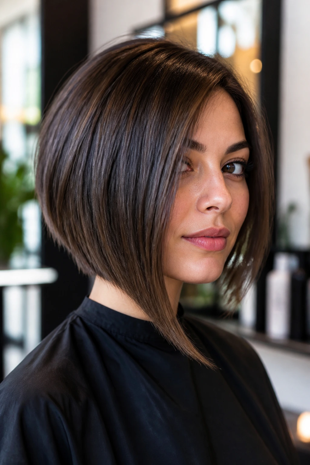 Portrait of a woman with an asymmetrical lob hairstyle.