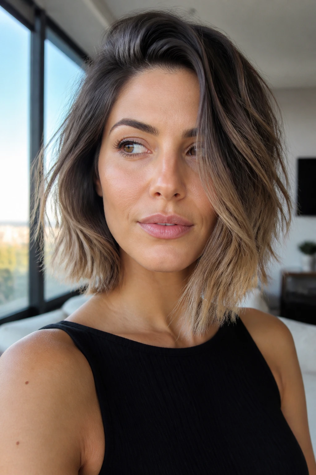 Real woman with asymmetrical wispy lob and airy ends in natural light.