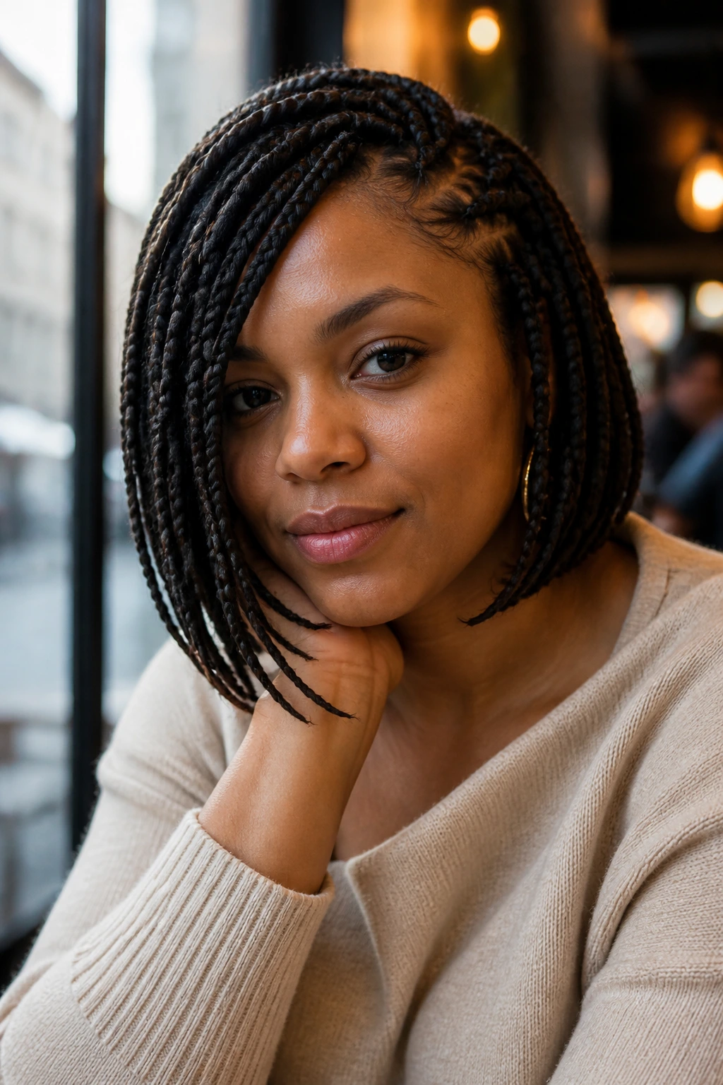 Close-up of a real woman with asymmetrical lob box braids in warm cafe light
