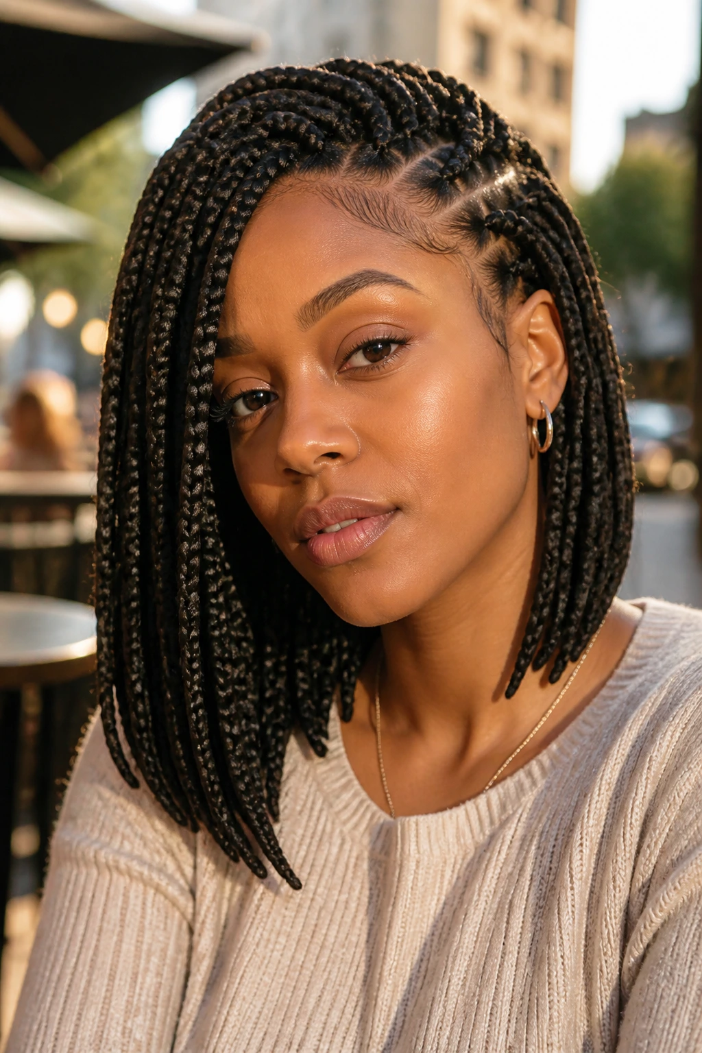 Close-up portrait of a real woman wearing asymmetrical lob box braids outdoors at a cafe