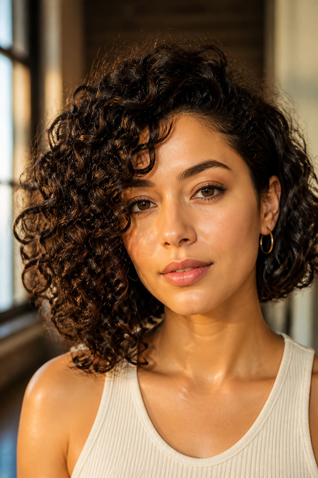 Close-up of a real woman with an asymmetrical lob for 3A curls.