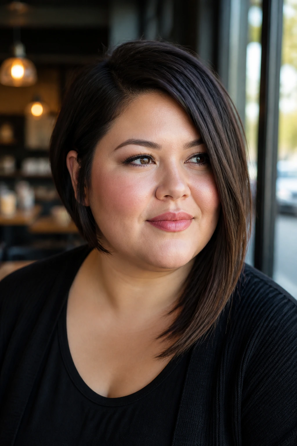 Close-up portrait of a woman with an asymmetrical lob hairstyle featuring a longer side.