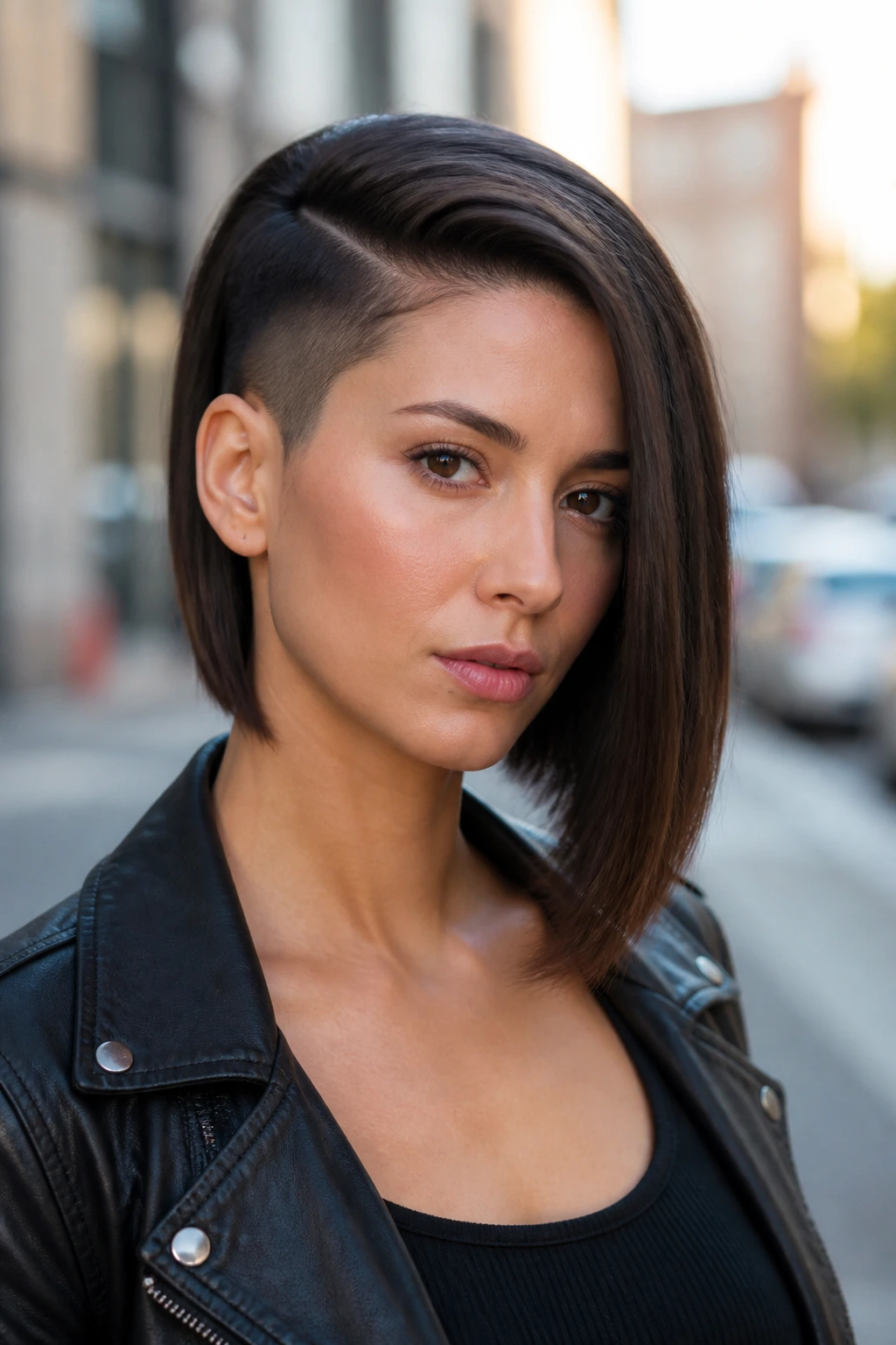 Close-up portrait of a real person with an asymmetrical side fade lob showing long and faded side.
