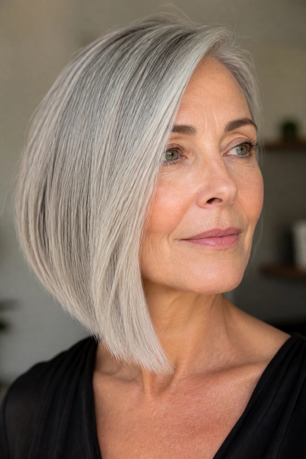 Portrait of an older woman with an asymmetrical lob haircut showing the longer and shorter sides