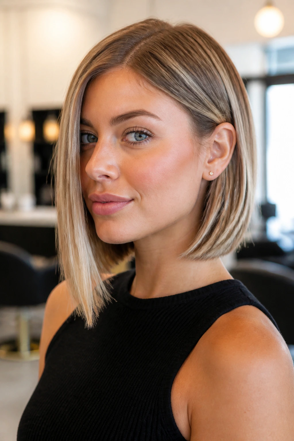 Portrait of a real woman with a subtle asymmetrical lob in a chic salon interior