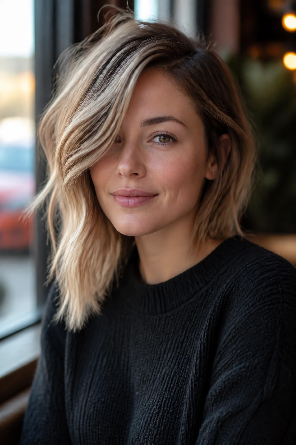 Real woman with asymmetrical lob and side-swept texture