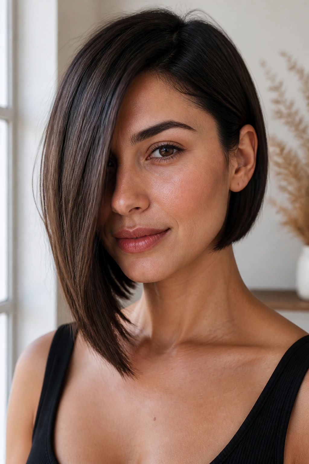 Real woman with asymmetrical lob showing a longer side for bold yet refined look.