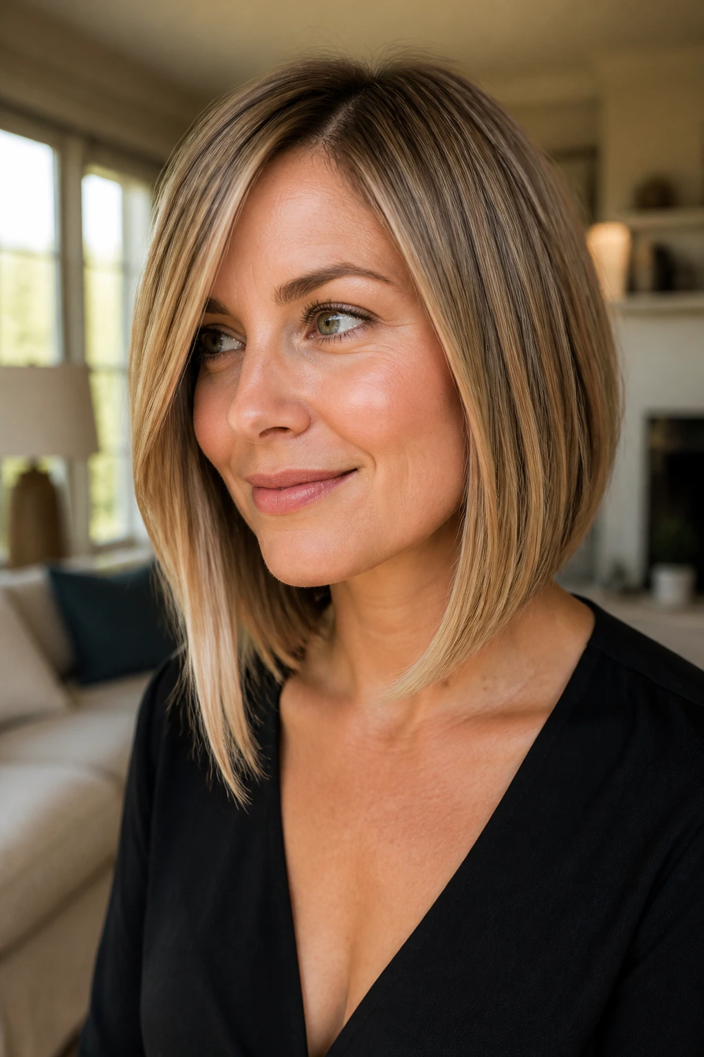 Close-up portrait of a real woman with a subtle asymmetrical shoulder-length lob under natural window light