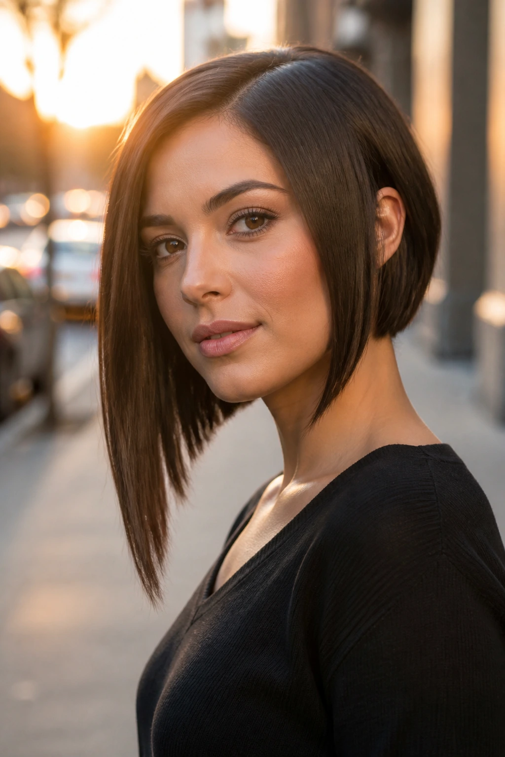 Close-up of a real woman with a subtle asymmetrical lob on a golden-hour street.