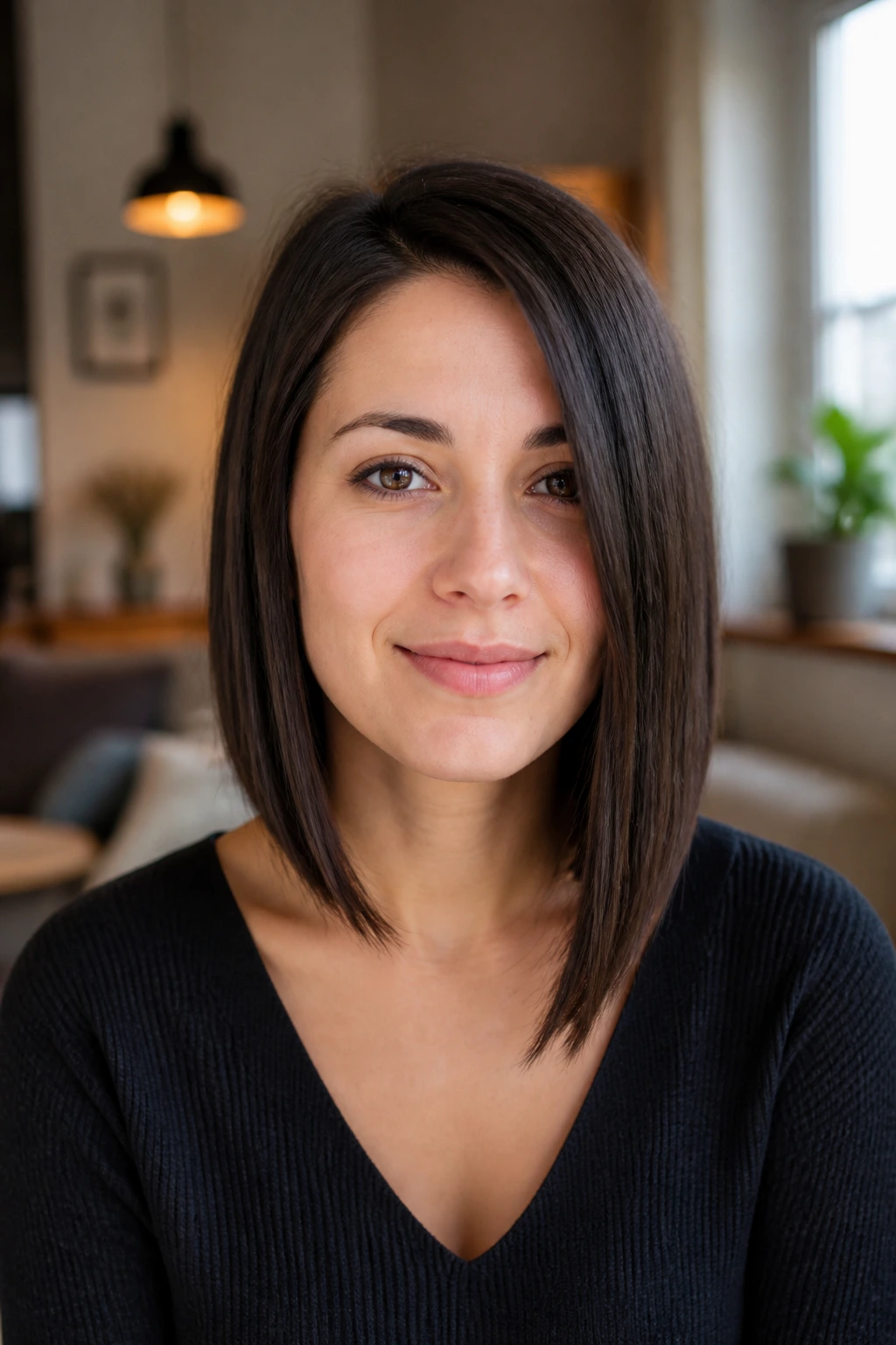 Close-up portrait of a real woman with an asymmetrical lob featuring a subtle length difference