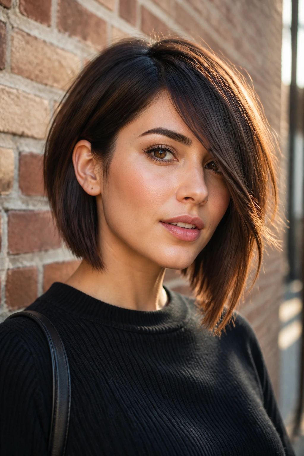 Close-up portrait of a real woman with an asymmetrical lob and one-side swept bangs