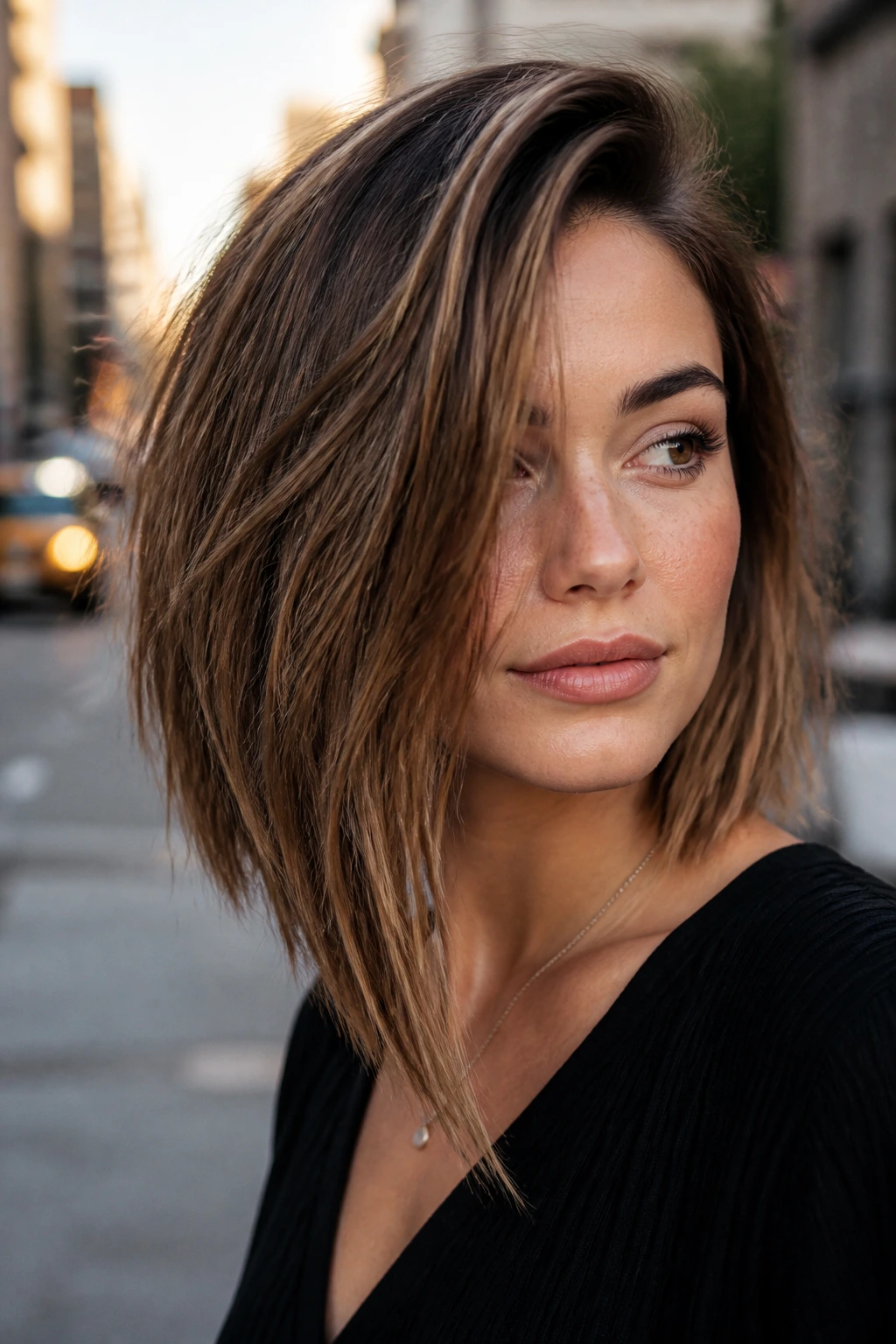 Close-up portrait of a real woman with an asymmetrical lob showing one side longer.