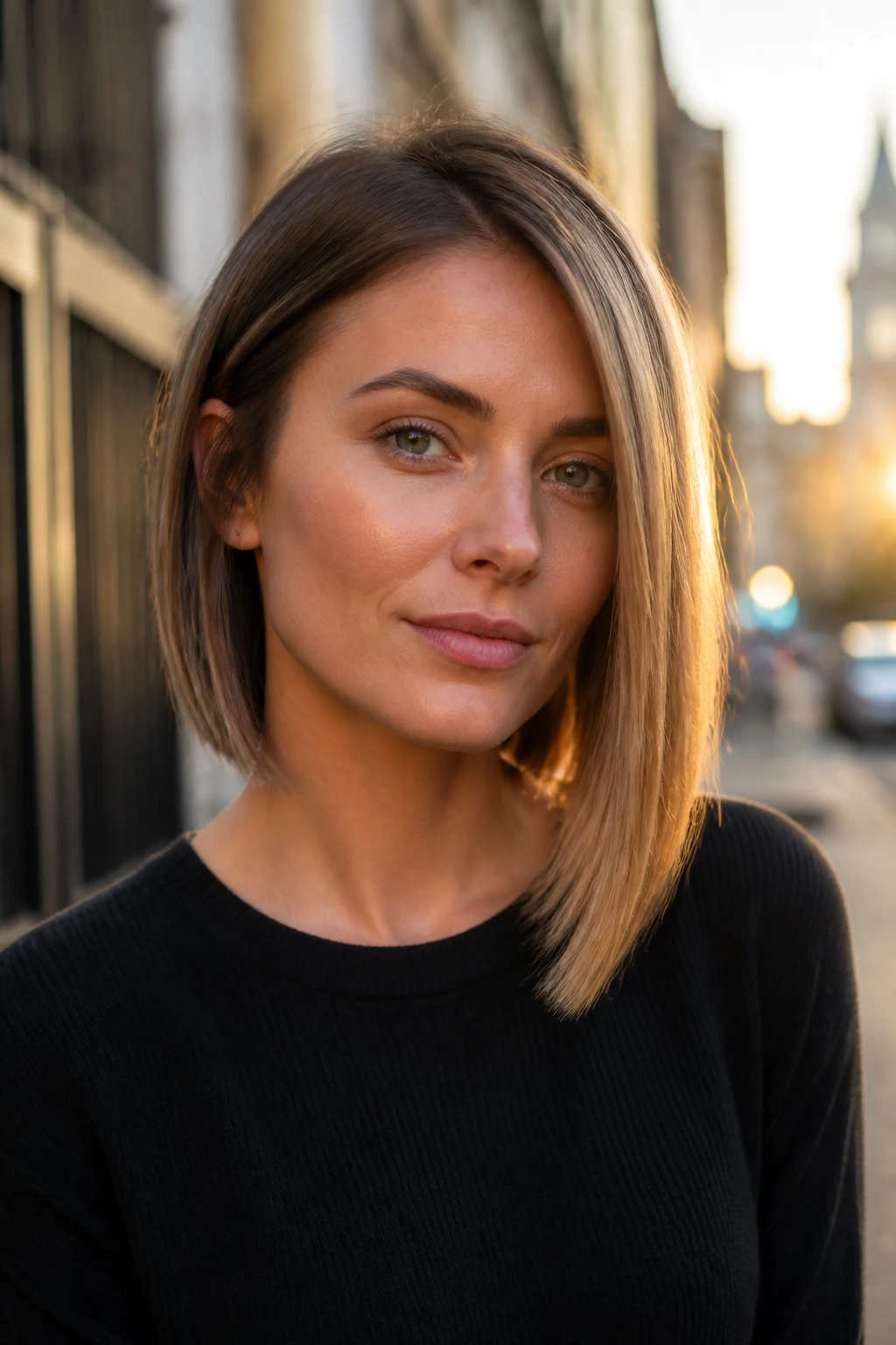 Close-up of a real woman with an asymmetrical lob showing subtle length difference