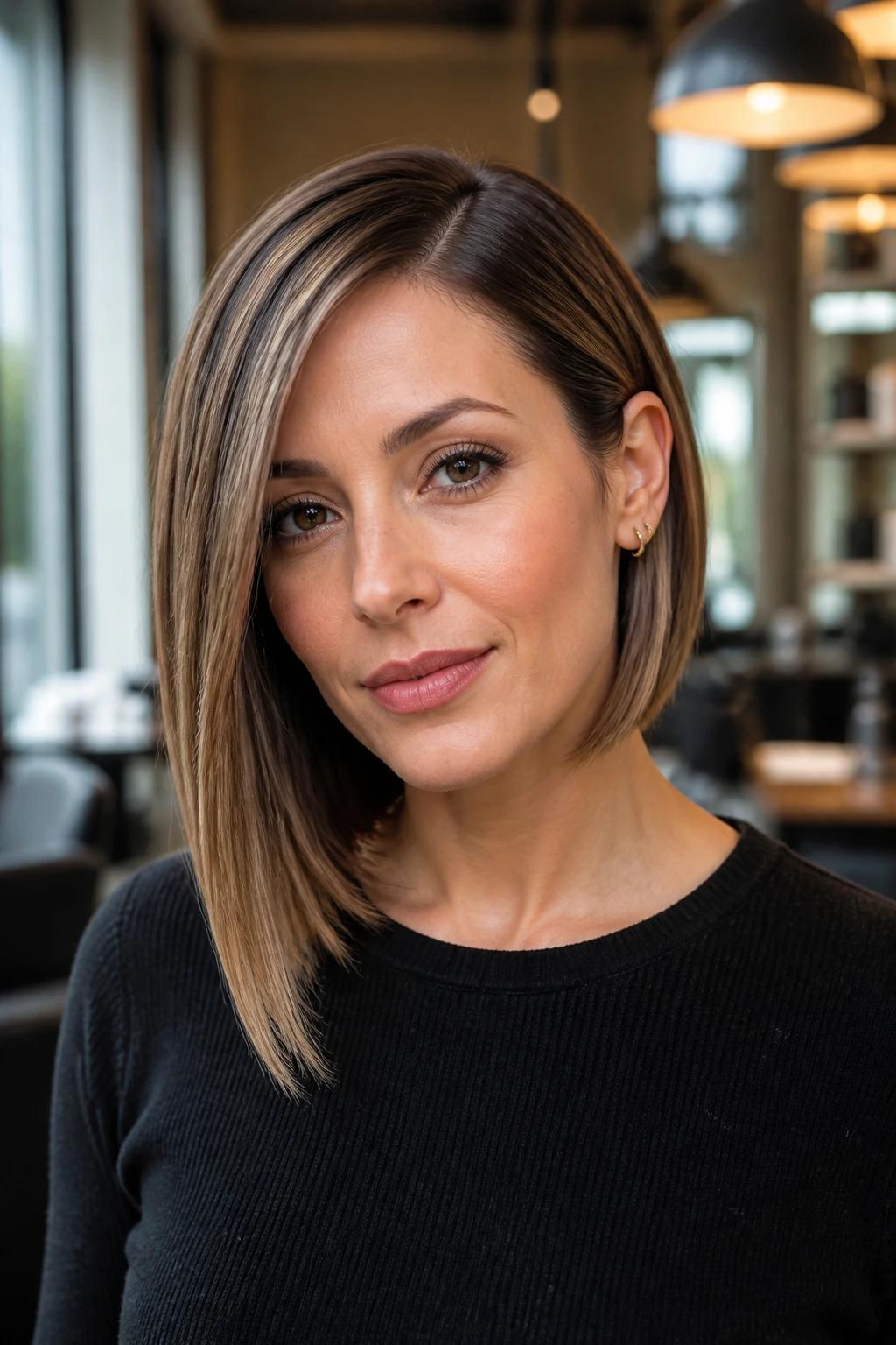 Close-up of a real woman with an asymmetrical lob hairstyle in a chic salon