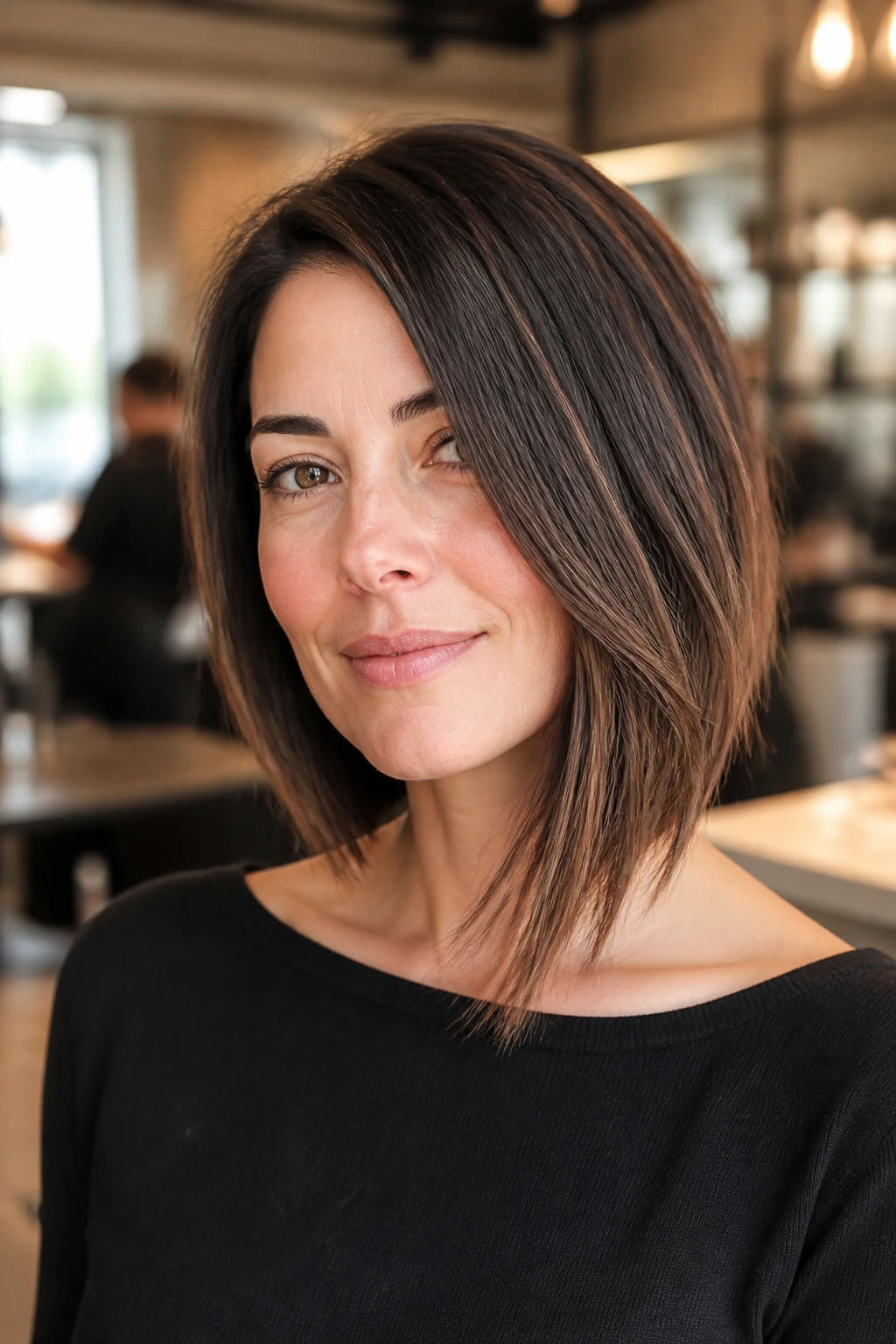 Close-up portrait of a real woman with an asymmetrical lob showing volume through uneven length