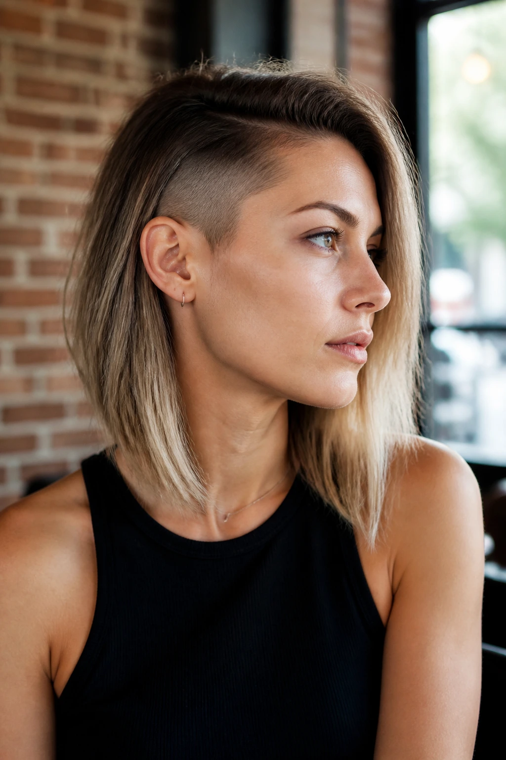 Close-up portrait of a real person with asymmetrical lob and one-side shave in a bright cafe