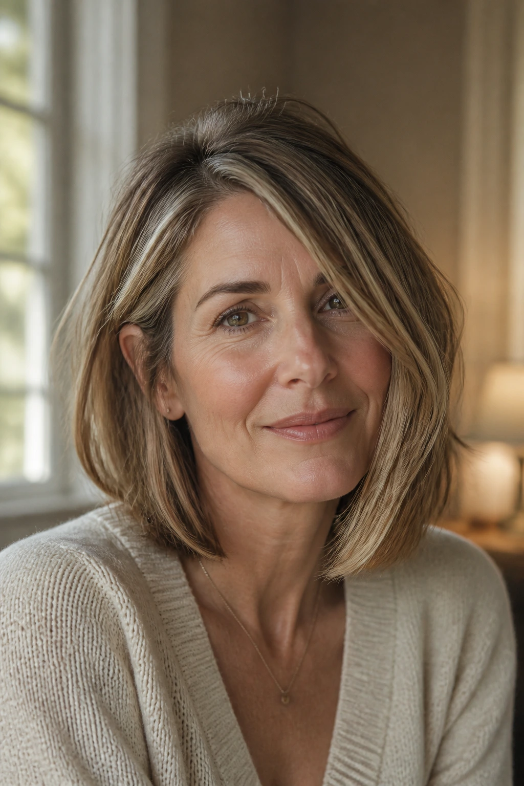 Close-up portrait of a real woman with a subtle asymmetrical shoulder-length lob.