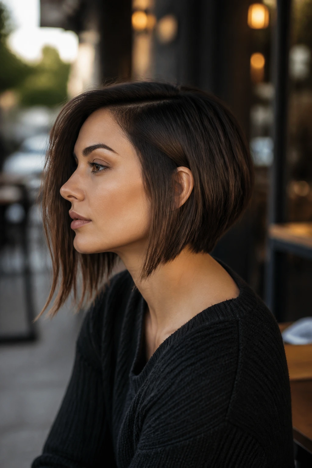 Side profile of a person showing an asymmetrical lob with one side longer