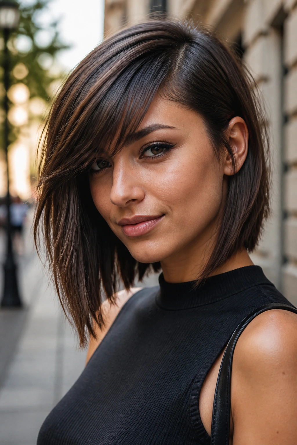 Close-up portrait of a real person with asymmetrical lob and side-swept bangs