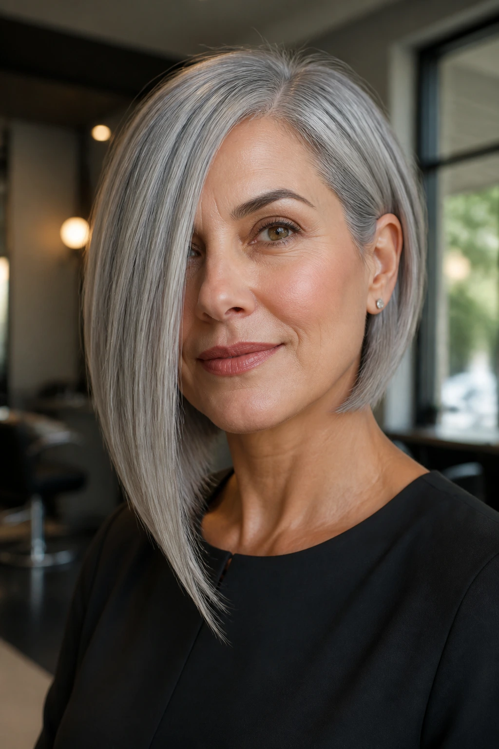 Close-up portrait of a person with an asymmetrical silver lob in a salon.