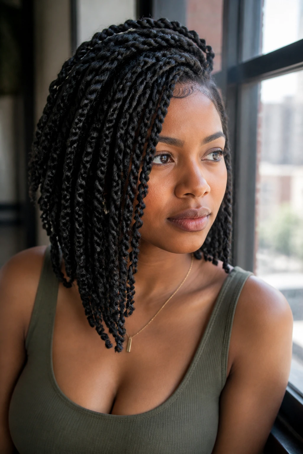 Close-up of real woman with asymmetrical lob spring twists