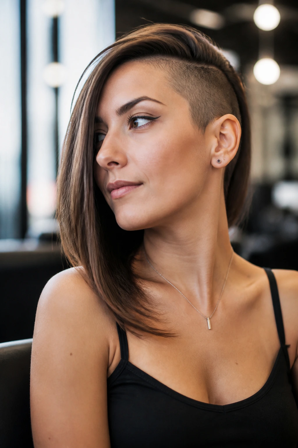 Portrait of a woman with an asymmetrical lob and shaved side.