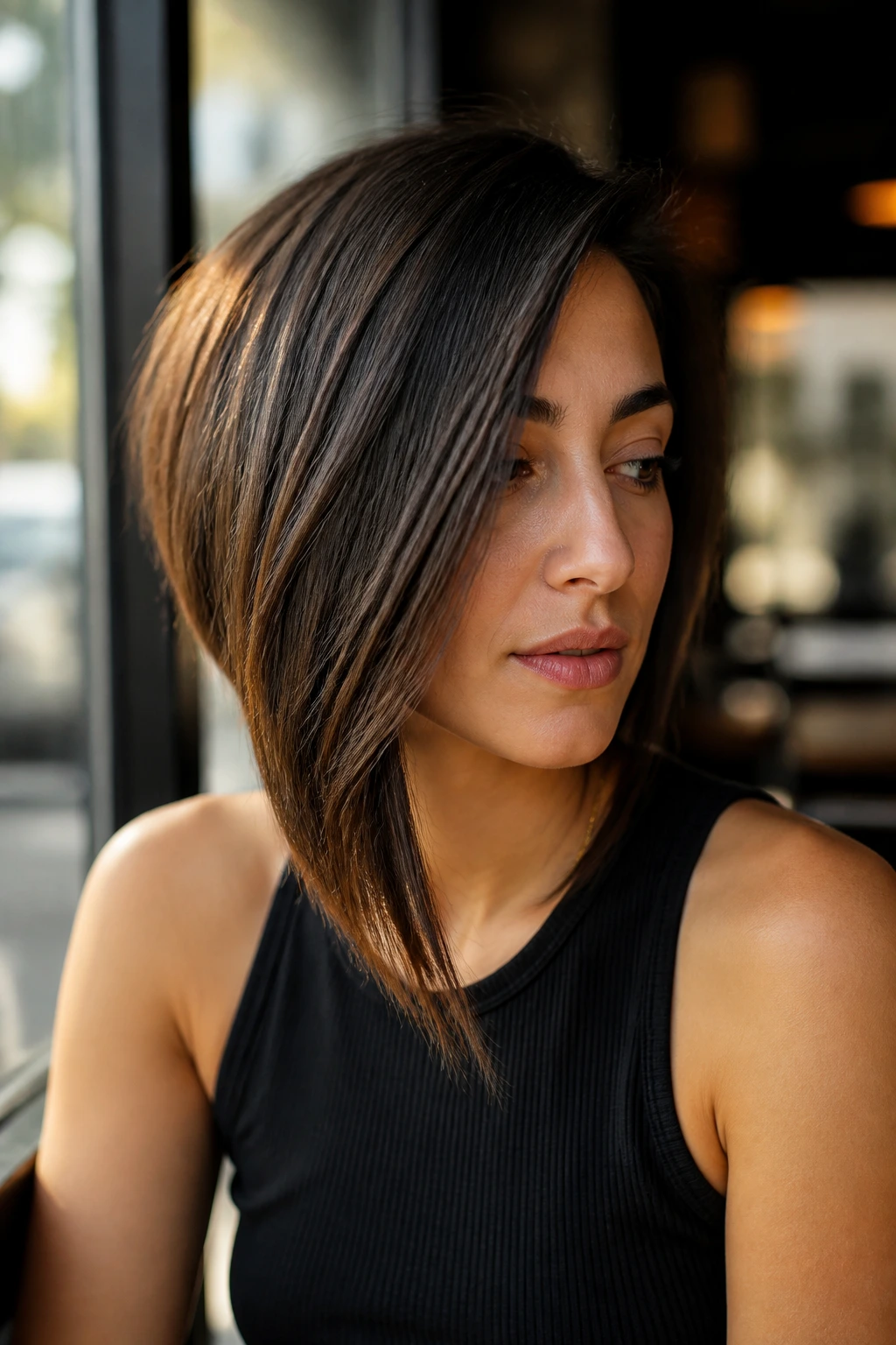Portrait of a real woman with an asymmetrical Lob showing a subtle longer side