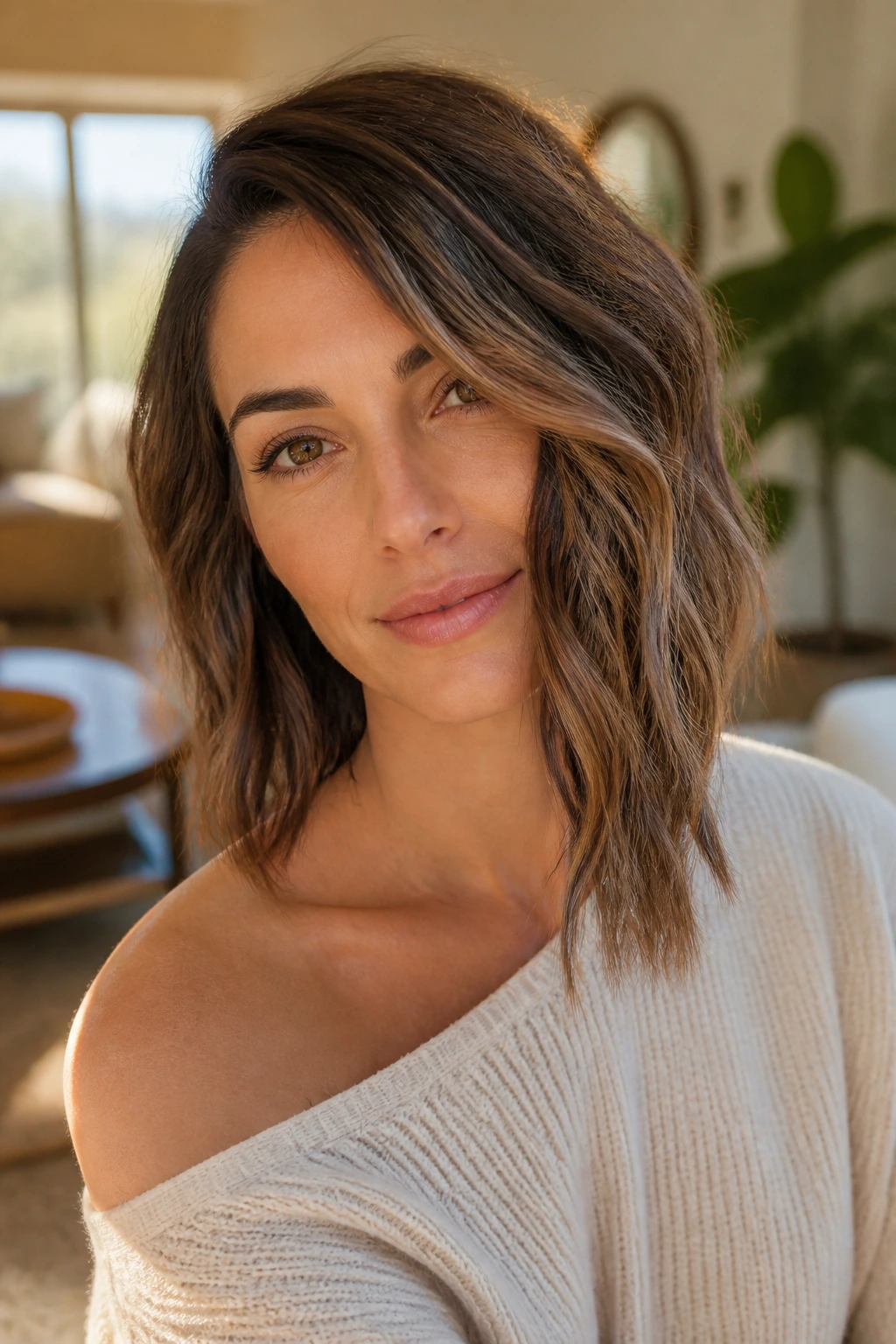 Close-up of a real person with an asymmetrical lob, one side longer, soft waves in a sunlit room.