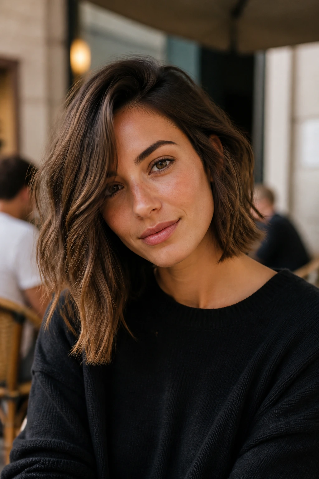 Close-up portrait of a real woman with The Asymmetrical Lob showing subtle length difference and wavy texture