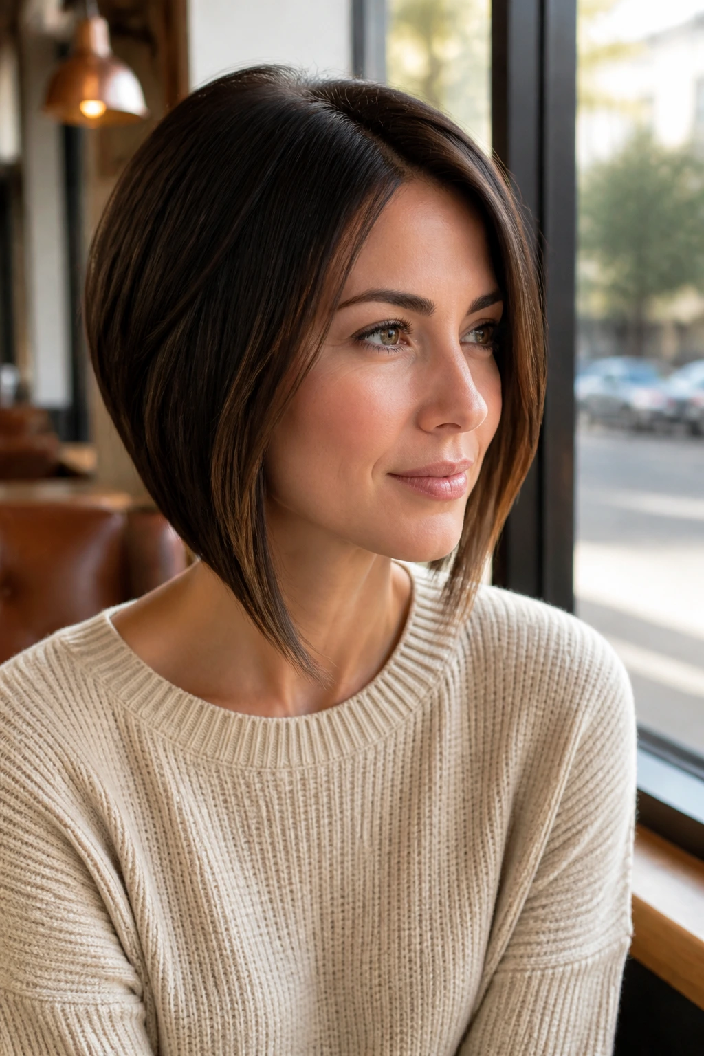 Close-up portrait of a real woman with an asymmetrical long bob and subtle length difference