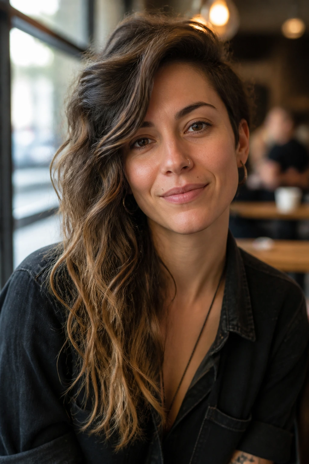 Close-up of a real person with asymmetrical long cut and waves