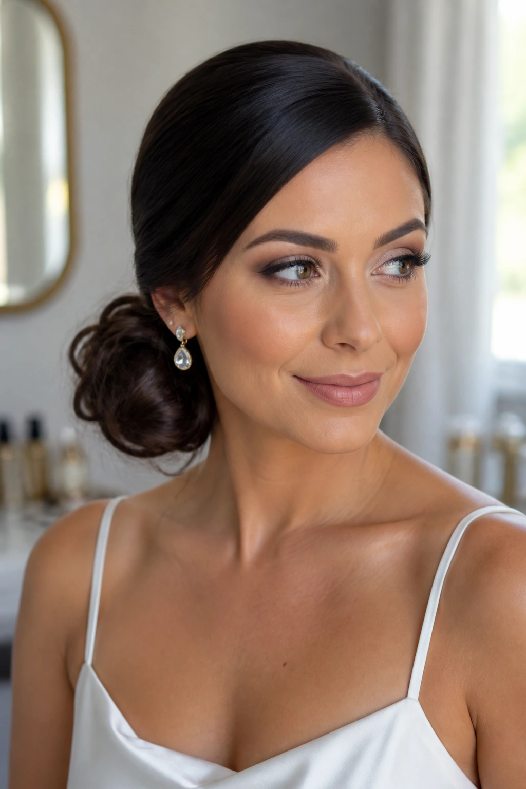Close-up of a woman with an asymmetrical low bun