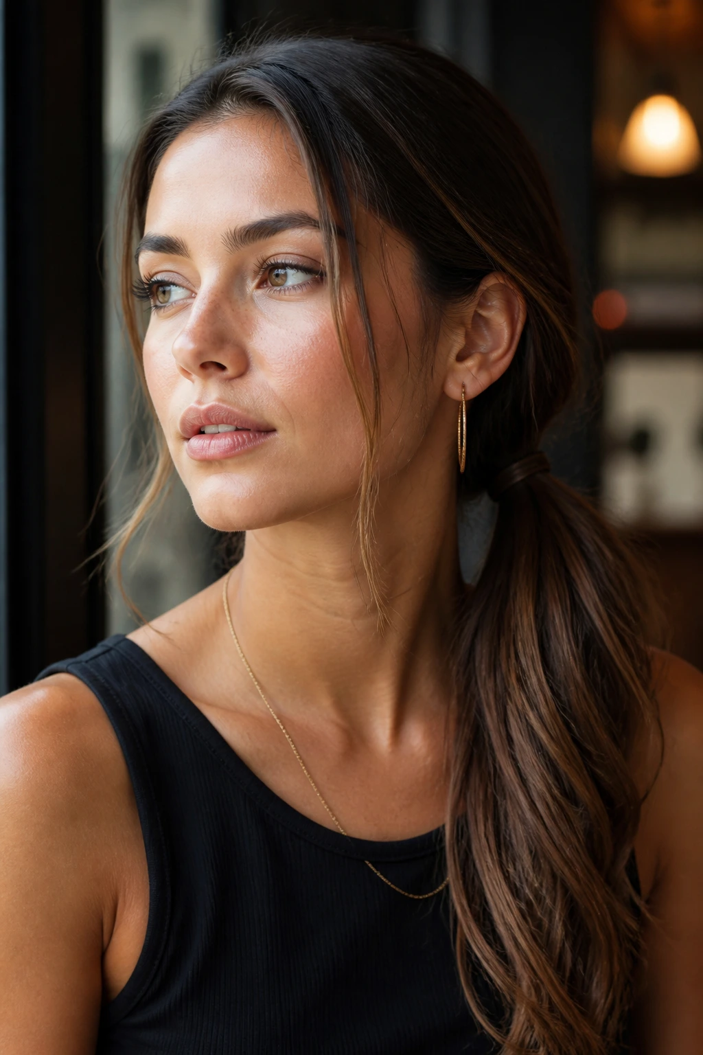Close-up of a real woman with an asymmetrical low ponytail