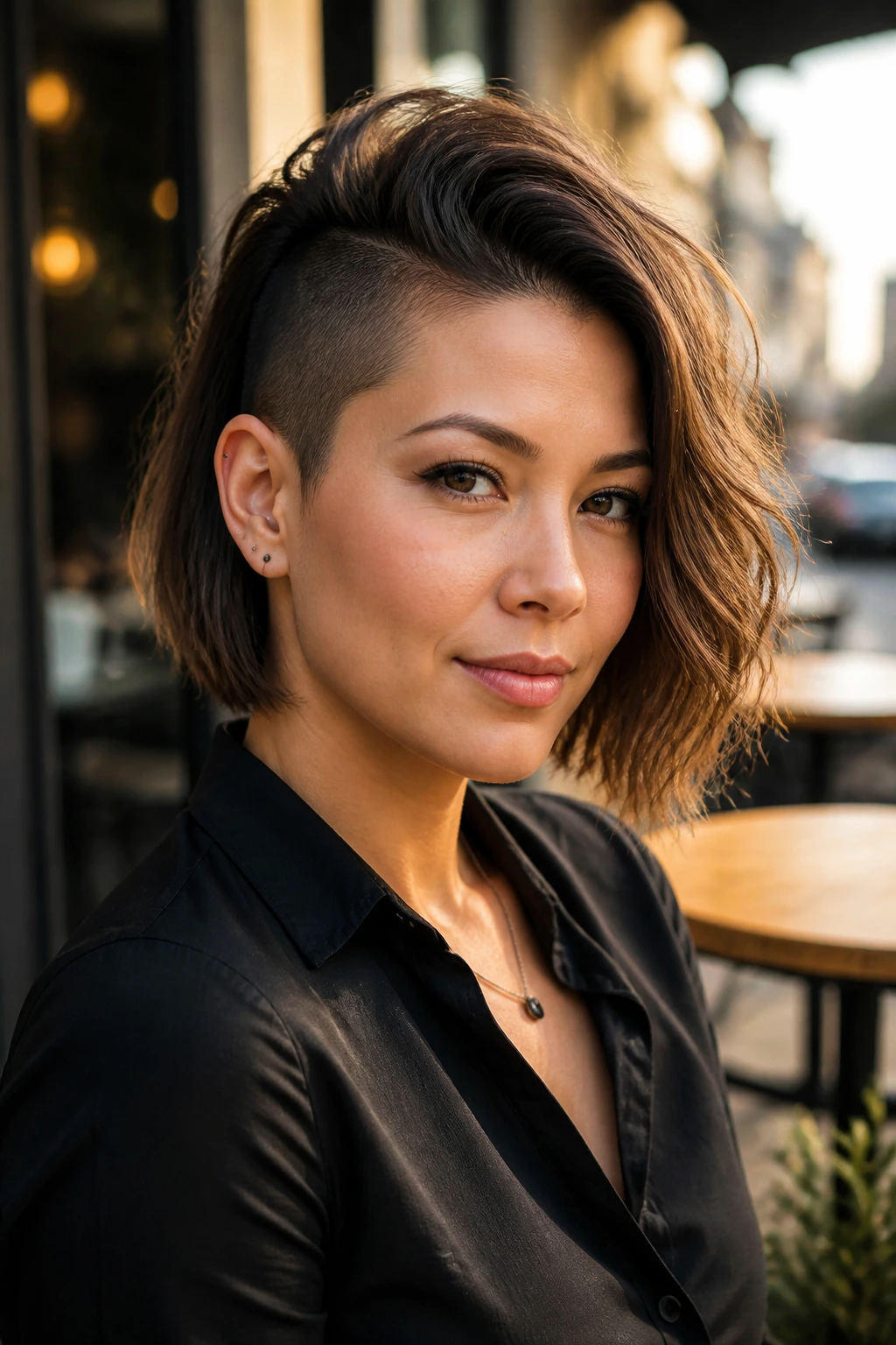 Real woman in asymmetrical Mohawk bob with off center ridge