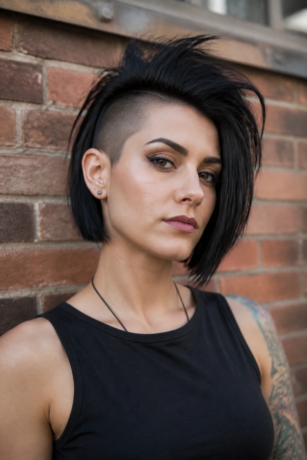 Real woman with asymmetrical Mohawk bob against brick wall