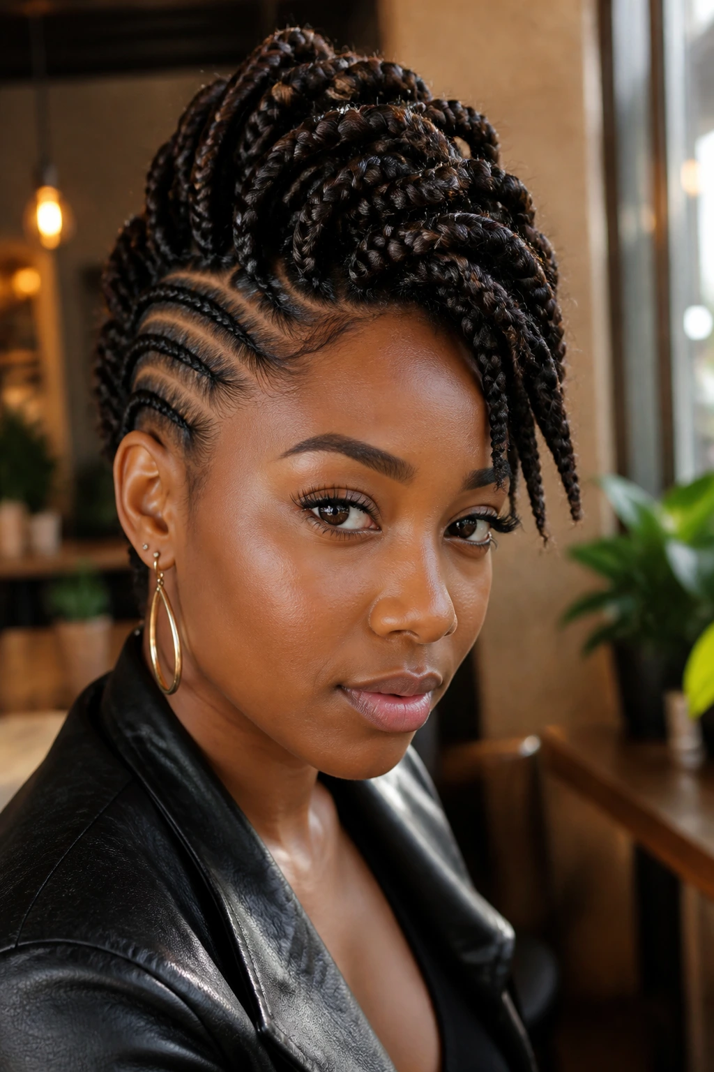 Close-up portrait of a person with asymmetrical braided mohawk.