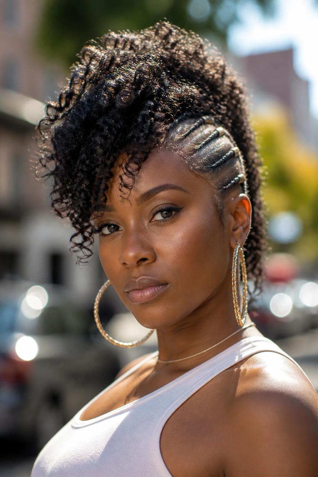 Close-up of a real woman with an off-center asymmetrical curly mohawk tilting to one side
