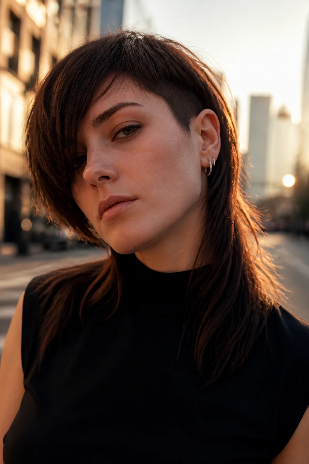 Close-up portrait of a real person with asymmetrical mullet showing longer side and back layers