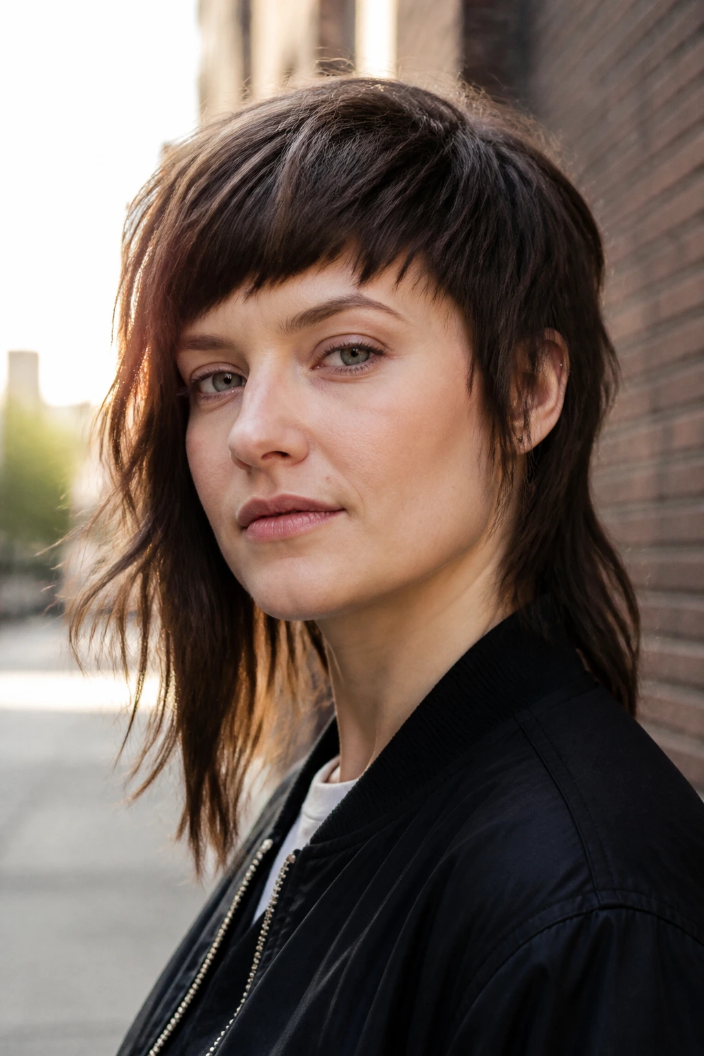 Close-up portrait of a real woman with an asymmetrical mullet showing deliberate imbalance