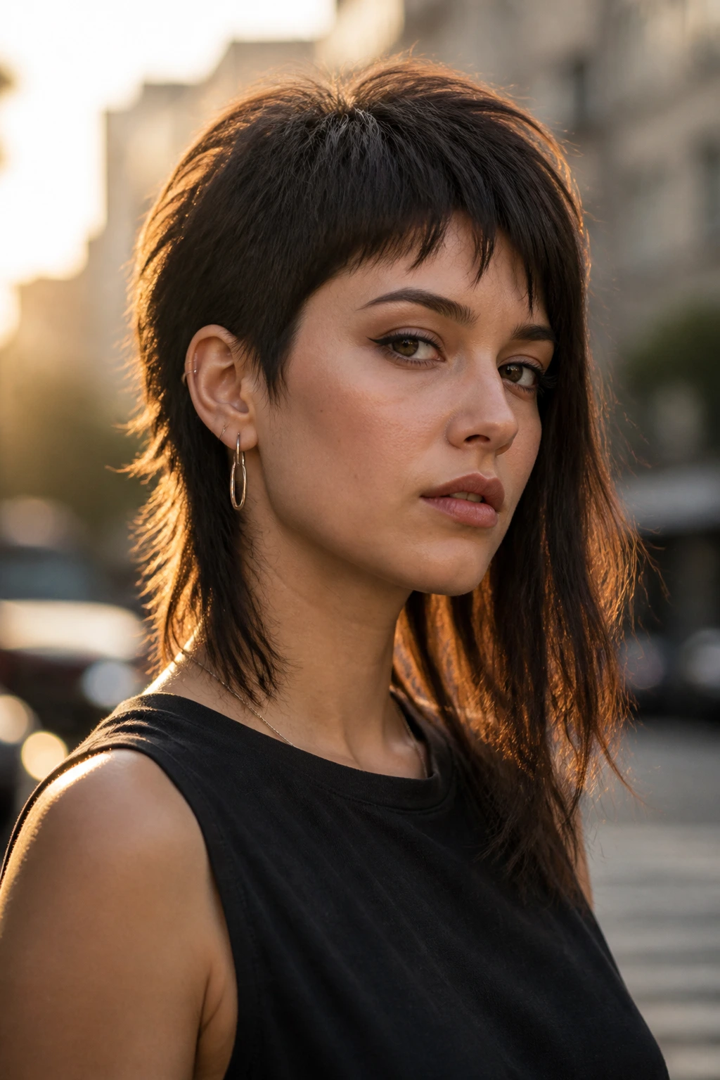 Portrait of a person with an asymmetrical mullet, one side longer, standing on an urban street at golden hour.