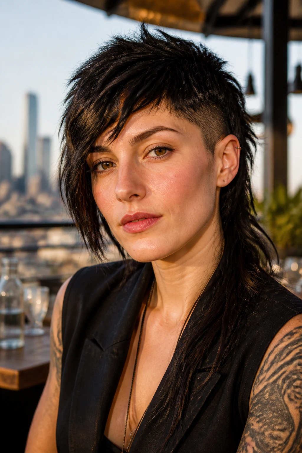 Close-up portrait of a real person with an asymmetrical wolf mullet, one side longer, golden-hour light.
