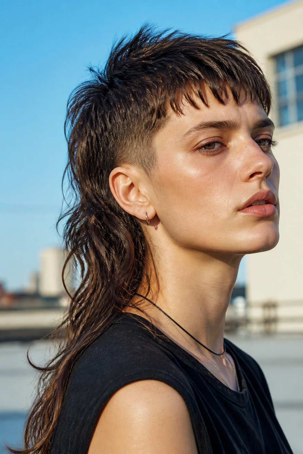 Close-up of a real person with an asymmetrical mullet showing short front and longer back in bright daylight