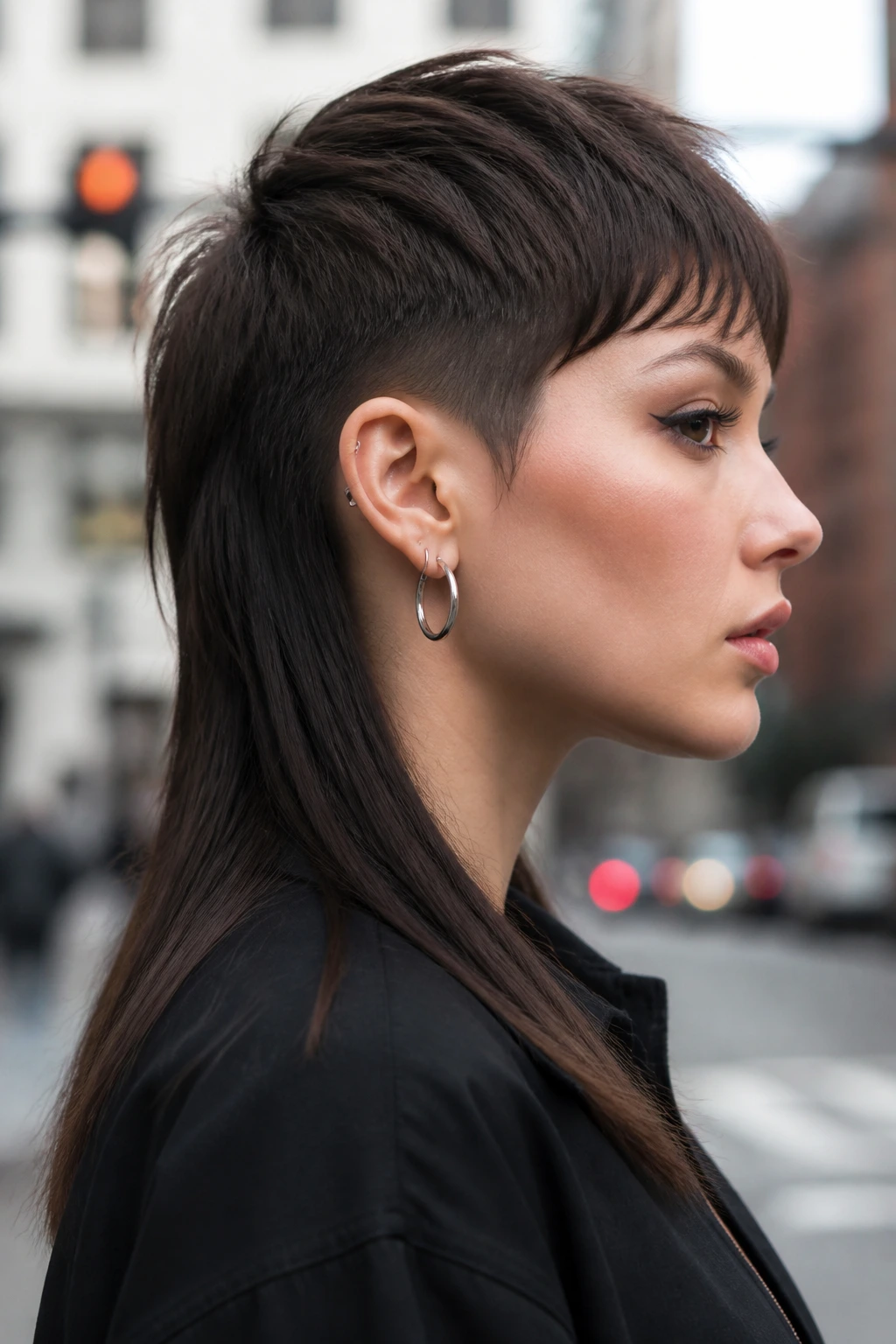 Portrait of a real woman with an asymmetrical mullet in profile against a city street backdrop