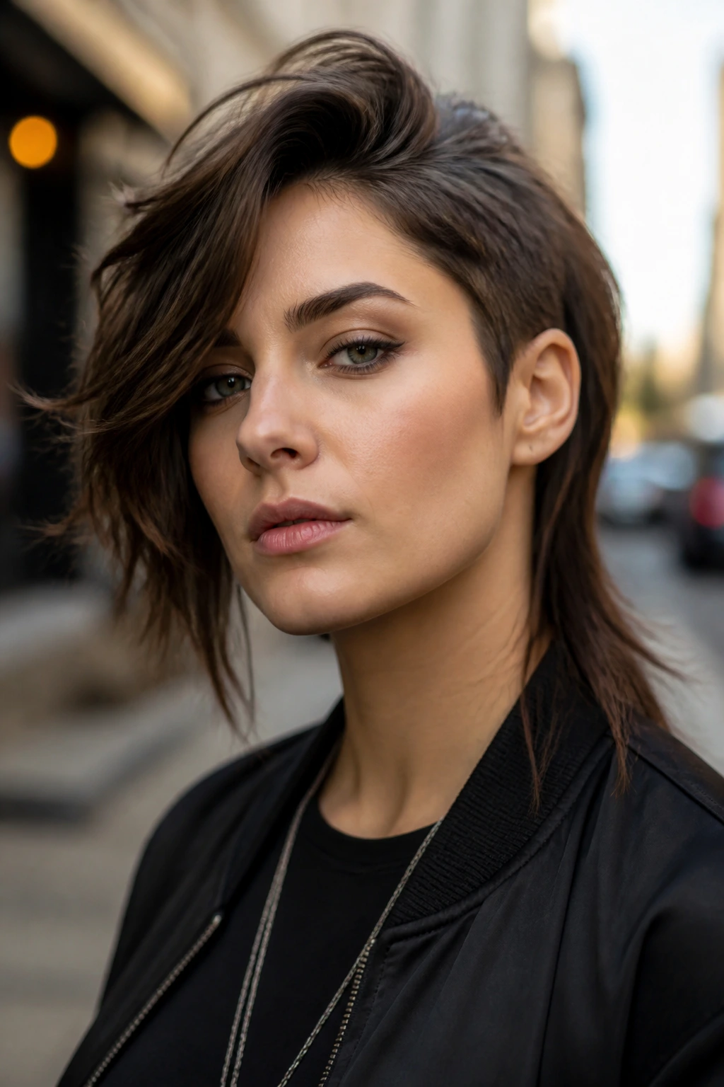 Close-up portrait of a real woman with asymmetrical mullet and deep side sweep