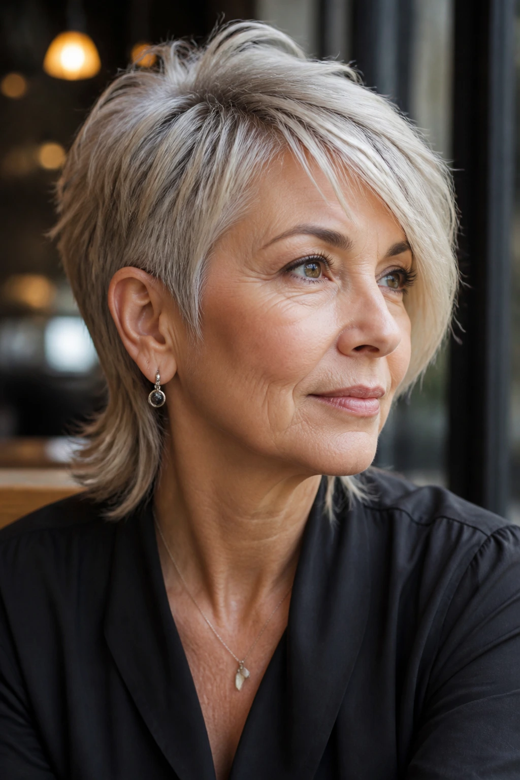 Real woman with asymmetrical mullet and one-side sweep in urban cafe lighting