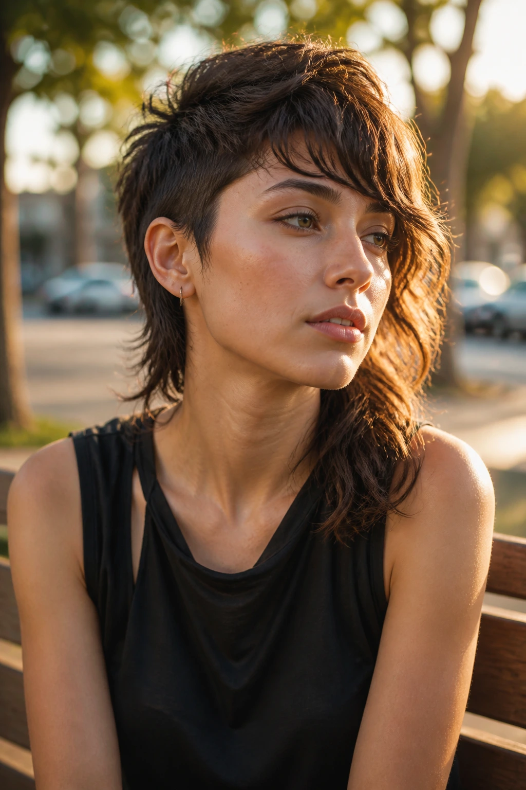Portrait of a real person with an asymmetrical mullet and uneven fringe.